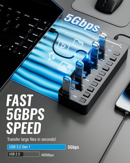 10-Port 60W USB 3.0 Hub with Individual Power Switches and Leds, Includes 60W 12V/5A Power Adapter (HB-BU10)